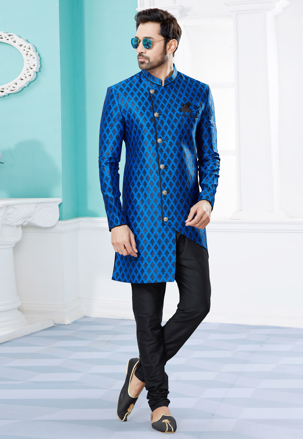 Blue Banarasi Jacquard Indo Western Suit 252046