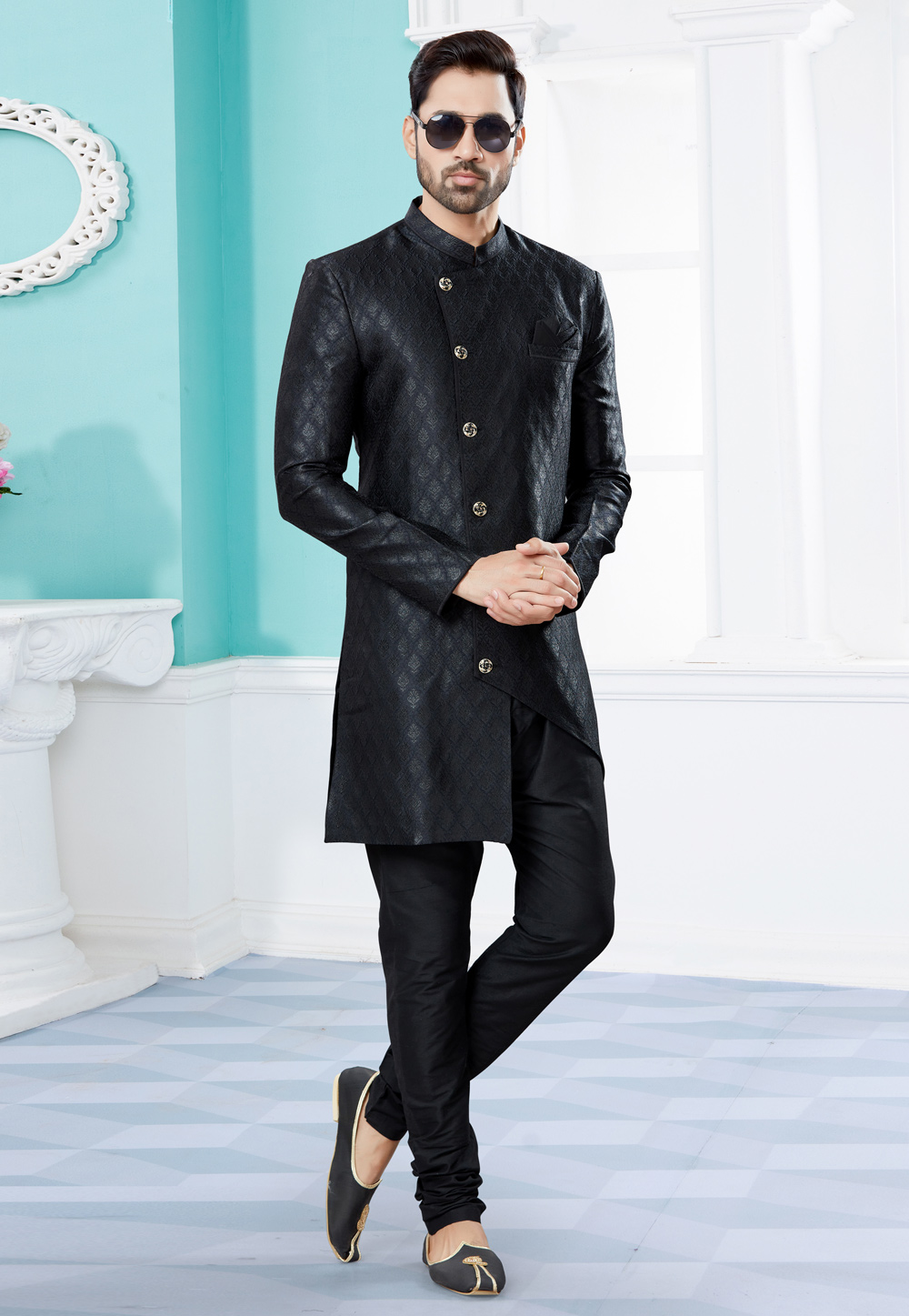 Black Banarasi Jacquard Indo Western Suit 252048