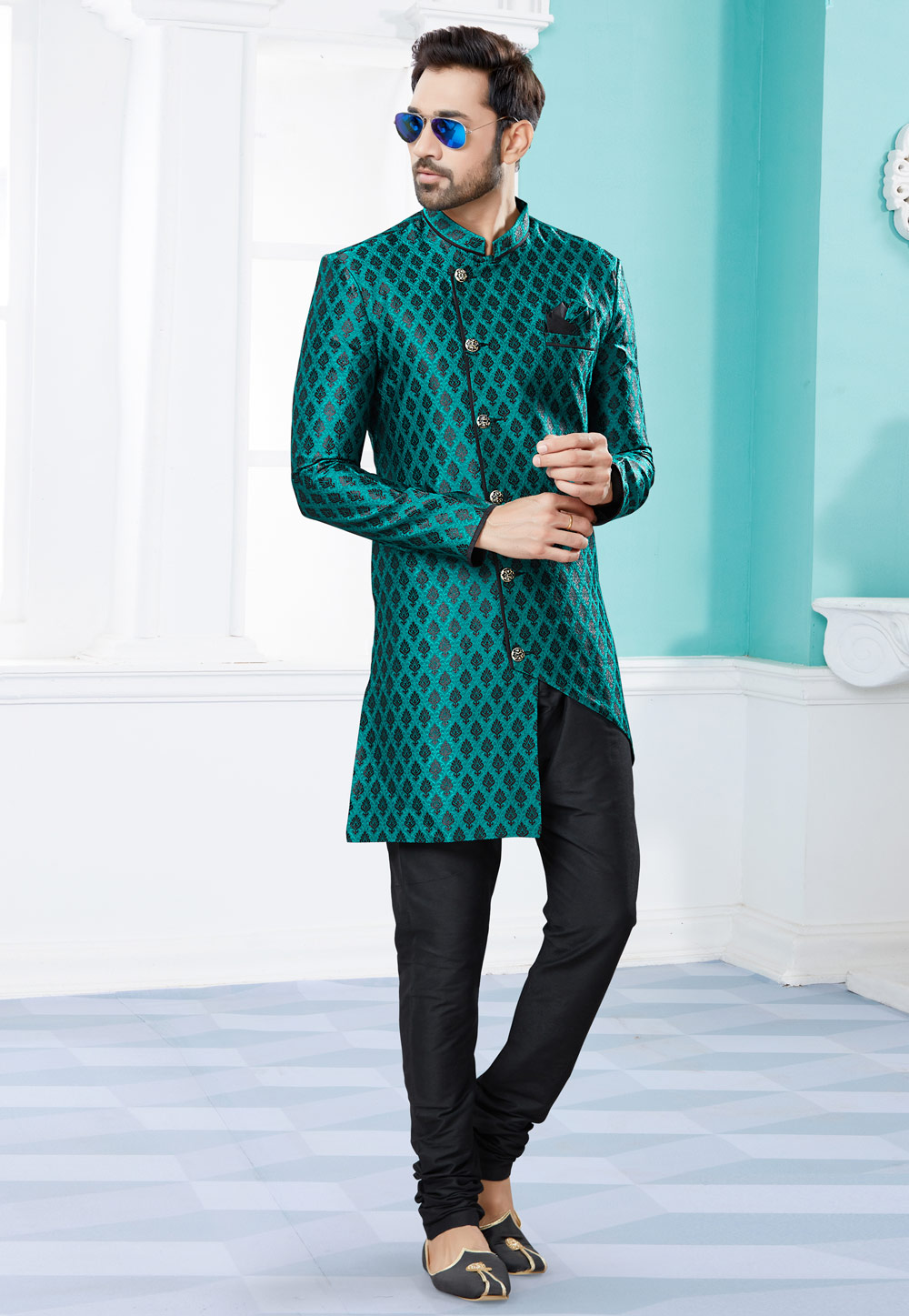 Green Banarasi Jacquard Indo Western Suit 252051