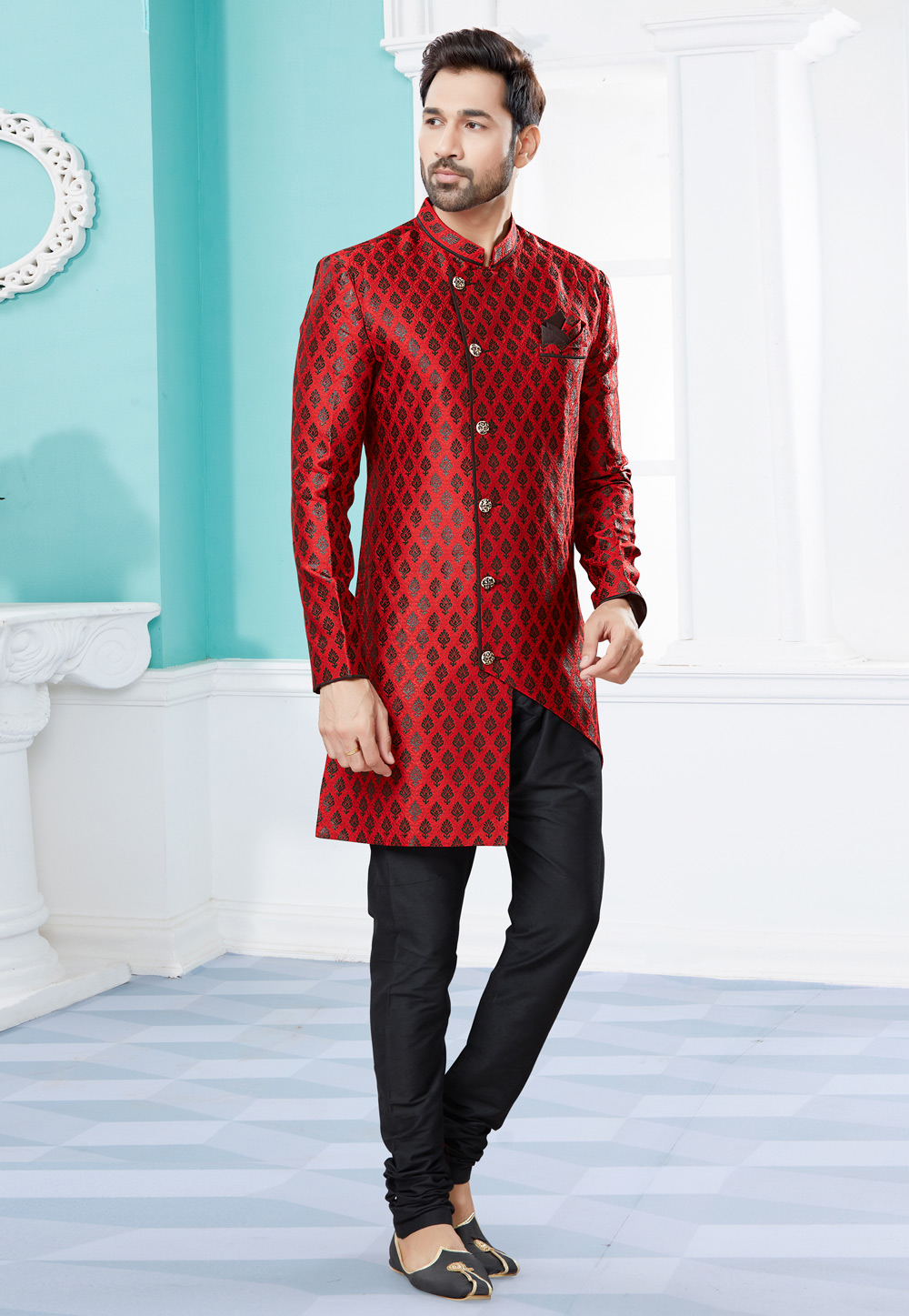 Maroon Banarasi Jacquard Indo Western Suit 252052