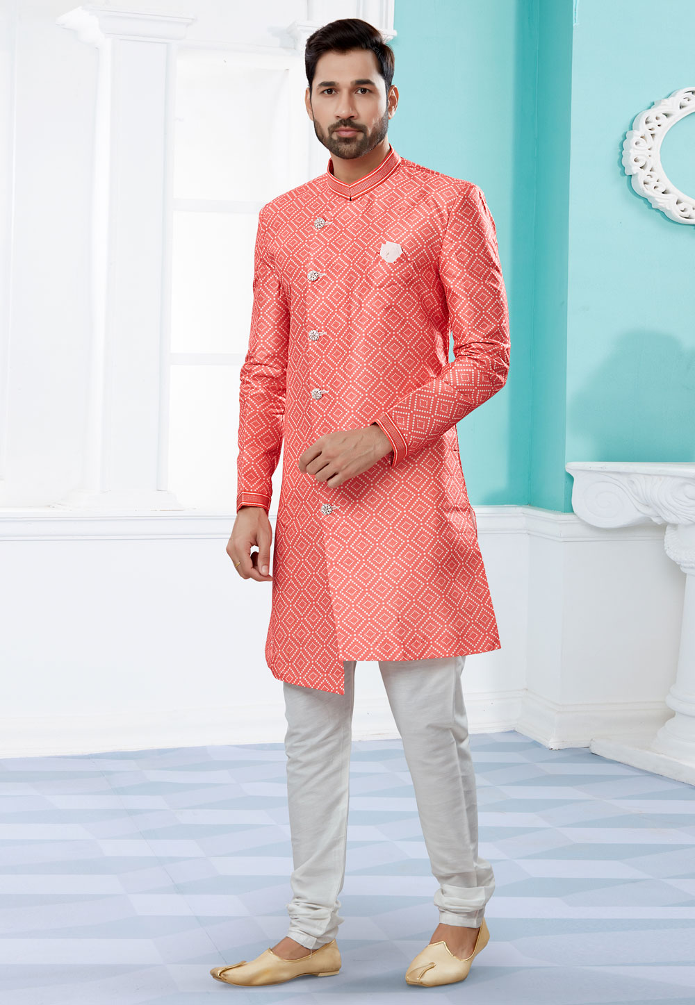 Pink Jacquard Indo Western Suit 252053