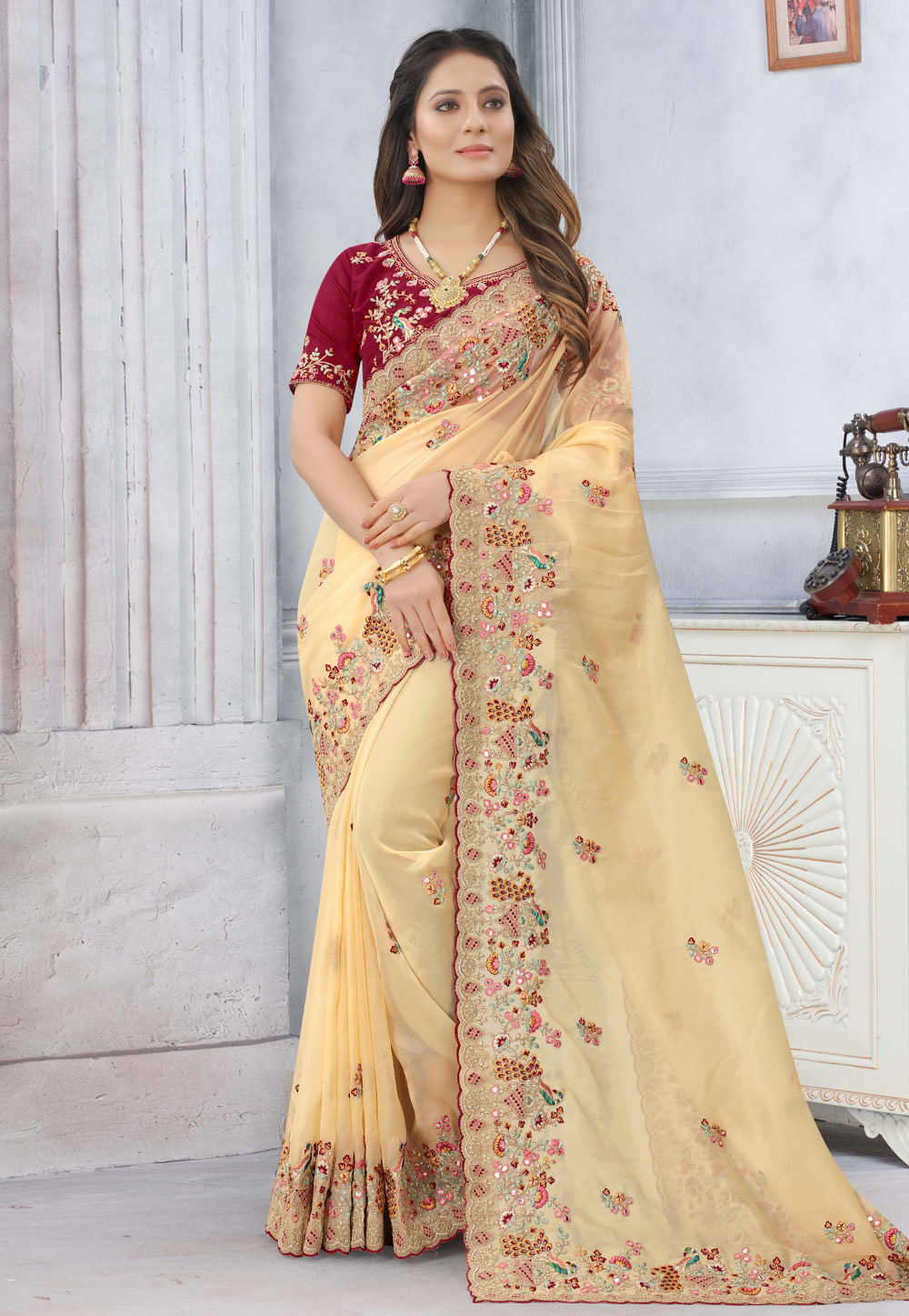 Beige Net Saree With Blouse 236469
