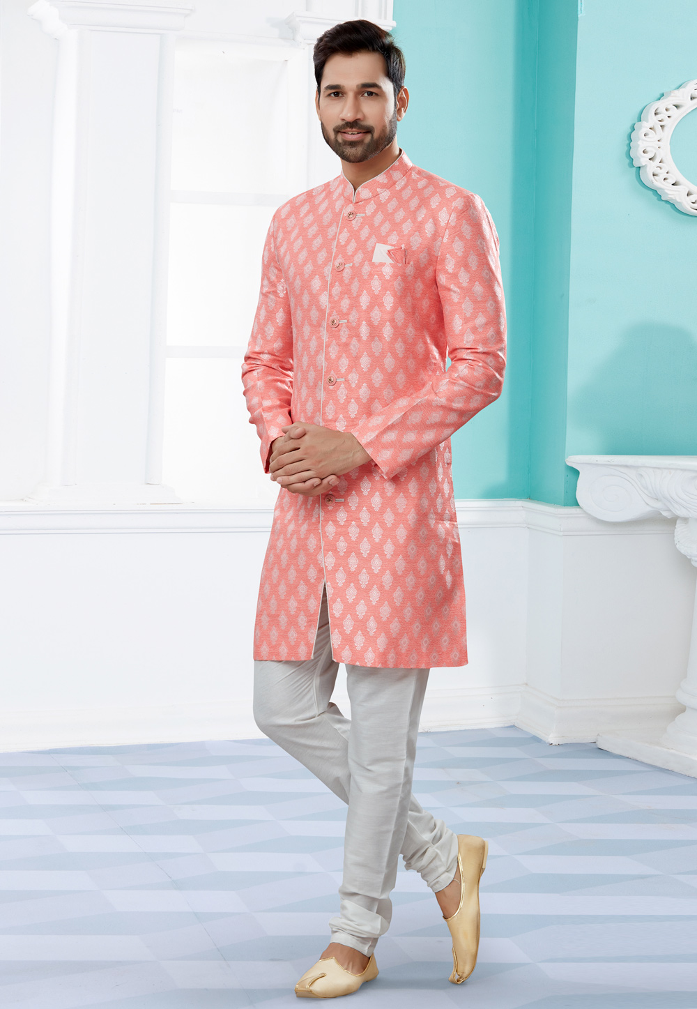 Pink Banarasi Jacquard Indo Western Suit 252055