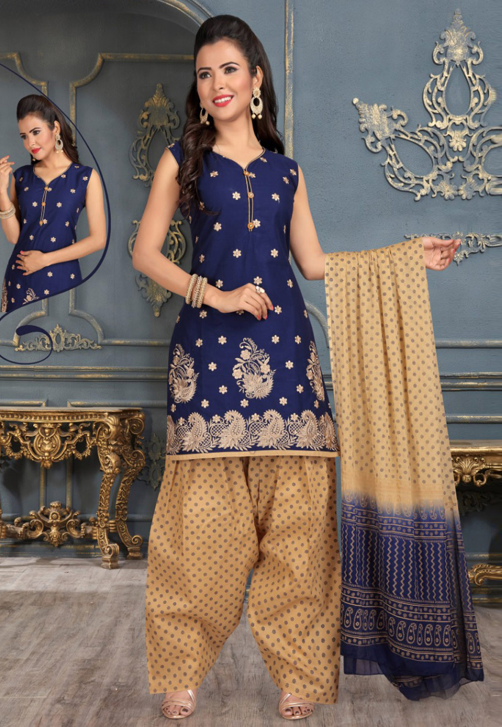 Navy Blue Cotton Readymade Patiala Suit 162407