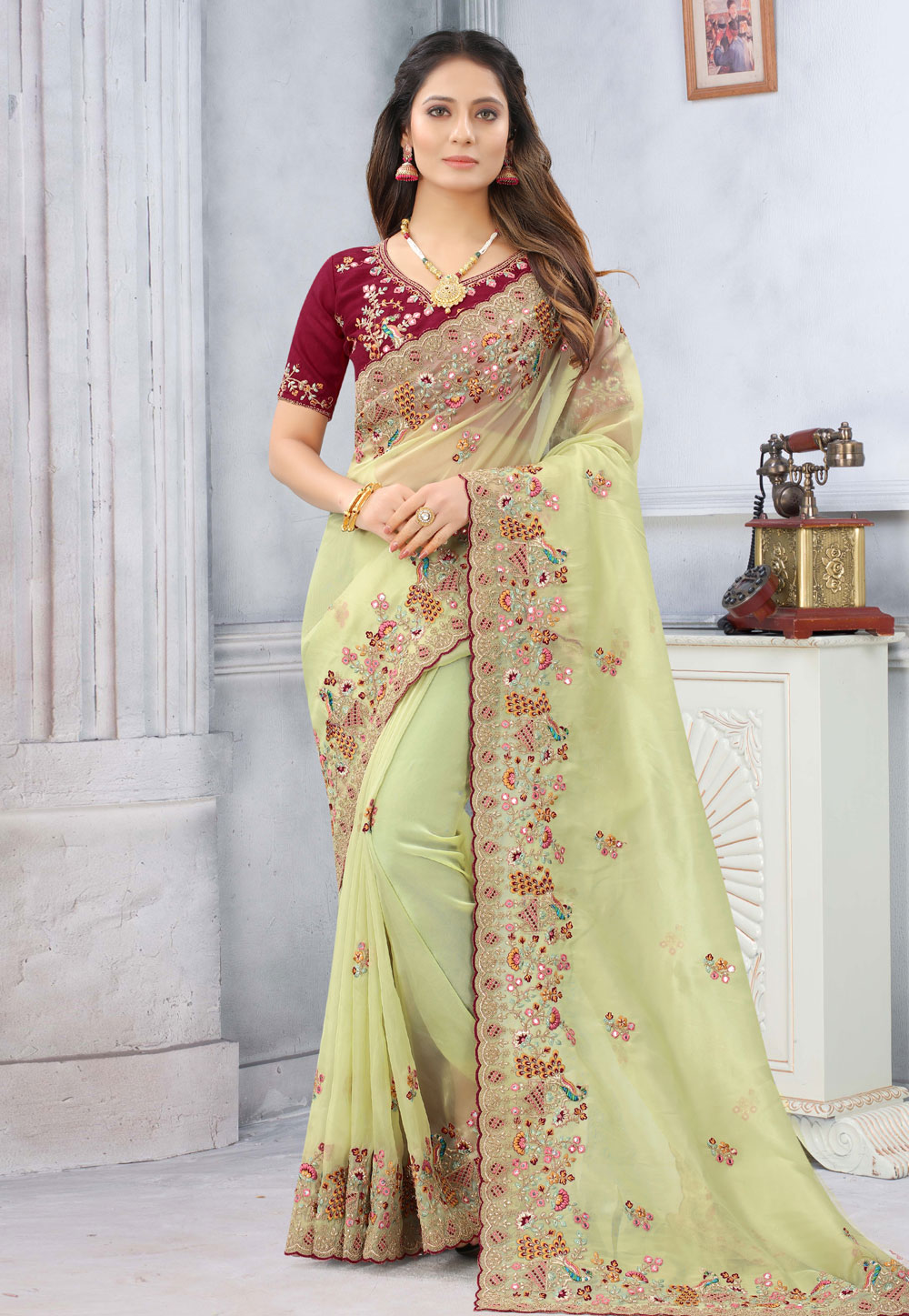 Pista Green Net Saree With Blouse 236471