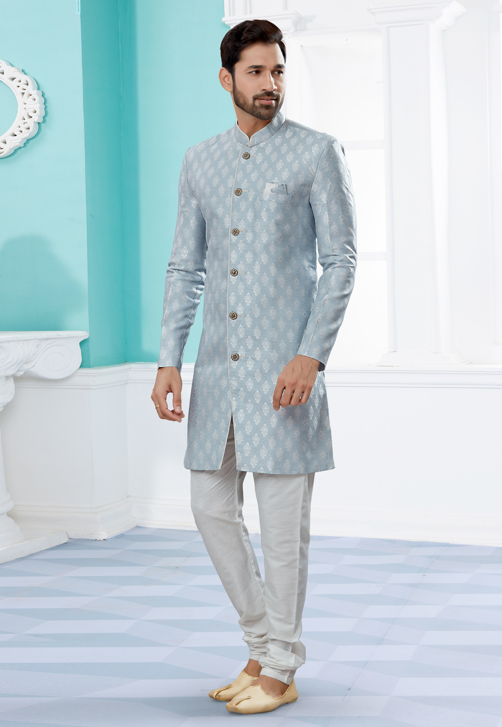 Grey Banarasi Jacquard Indo Western Suit 252056
