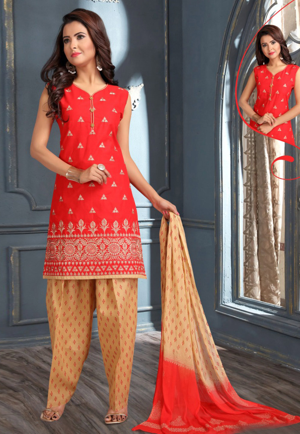Red Cotton Readymade Punjabi Suit 162408
