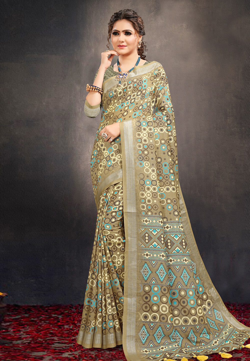 Olive Green Linen Printed Saree With Blouse 228236