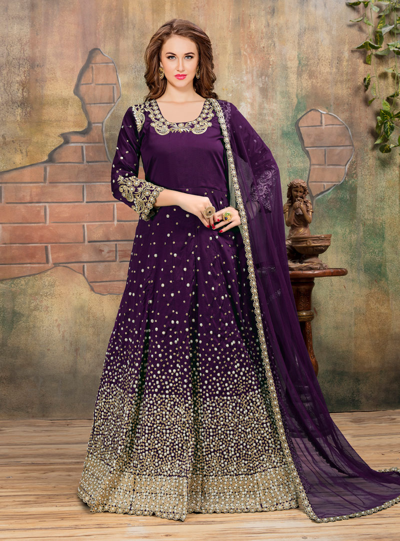 Purple Taffeta Silk Floor Length Anarkali Suit 133839