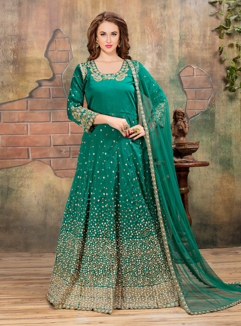 Green Taffeta Silk Anarkali Suit 133840