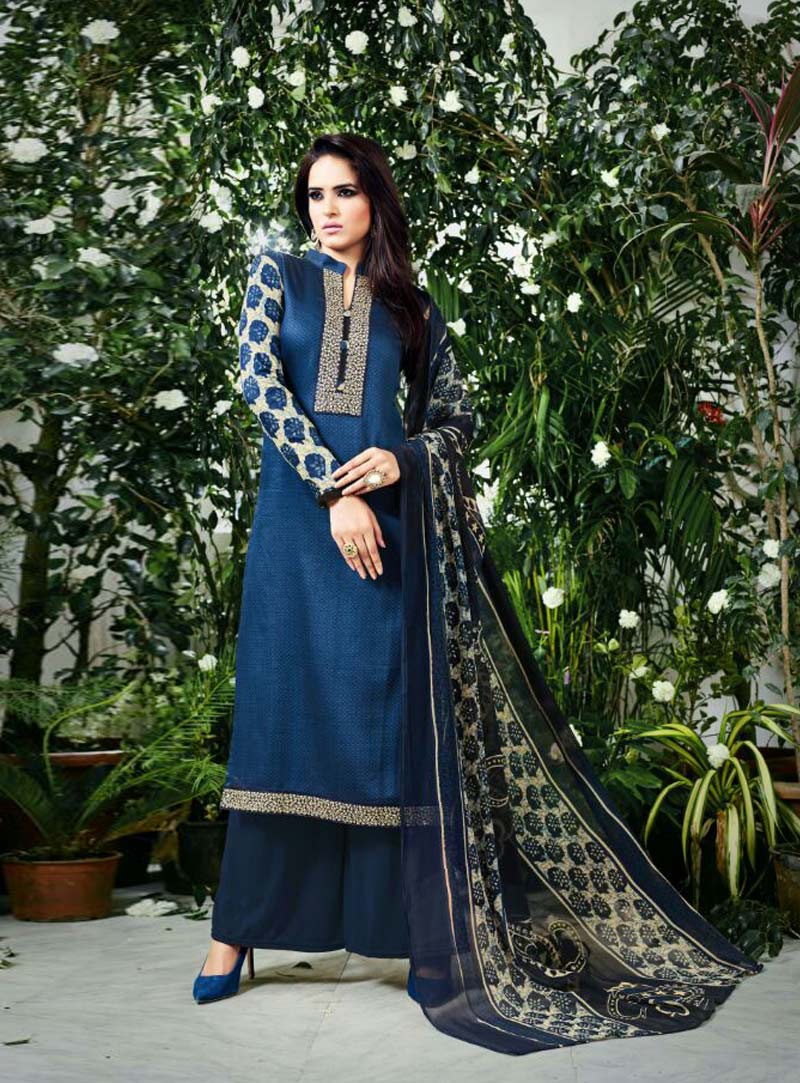Navy Blue Chanderi Silk Pakistani Style Suit 81078