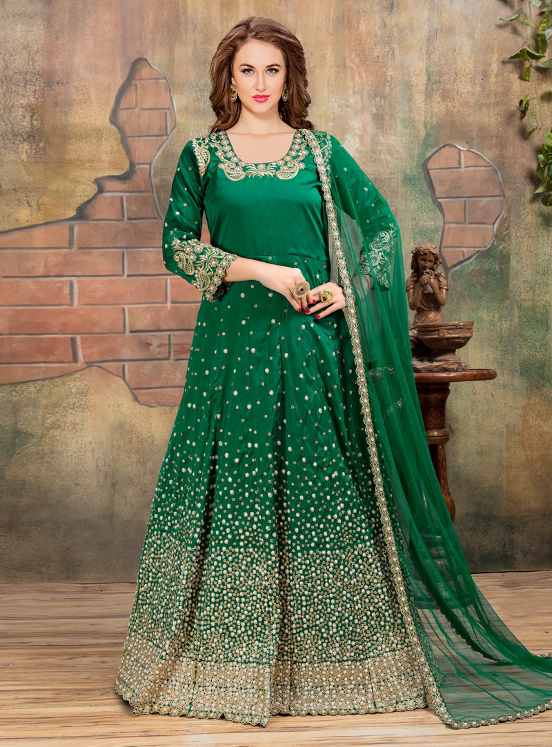 Green Taffeta Silk Long Anarkali Suit 143191