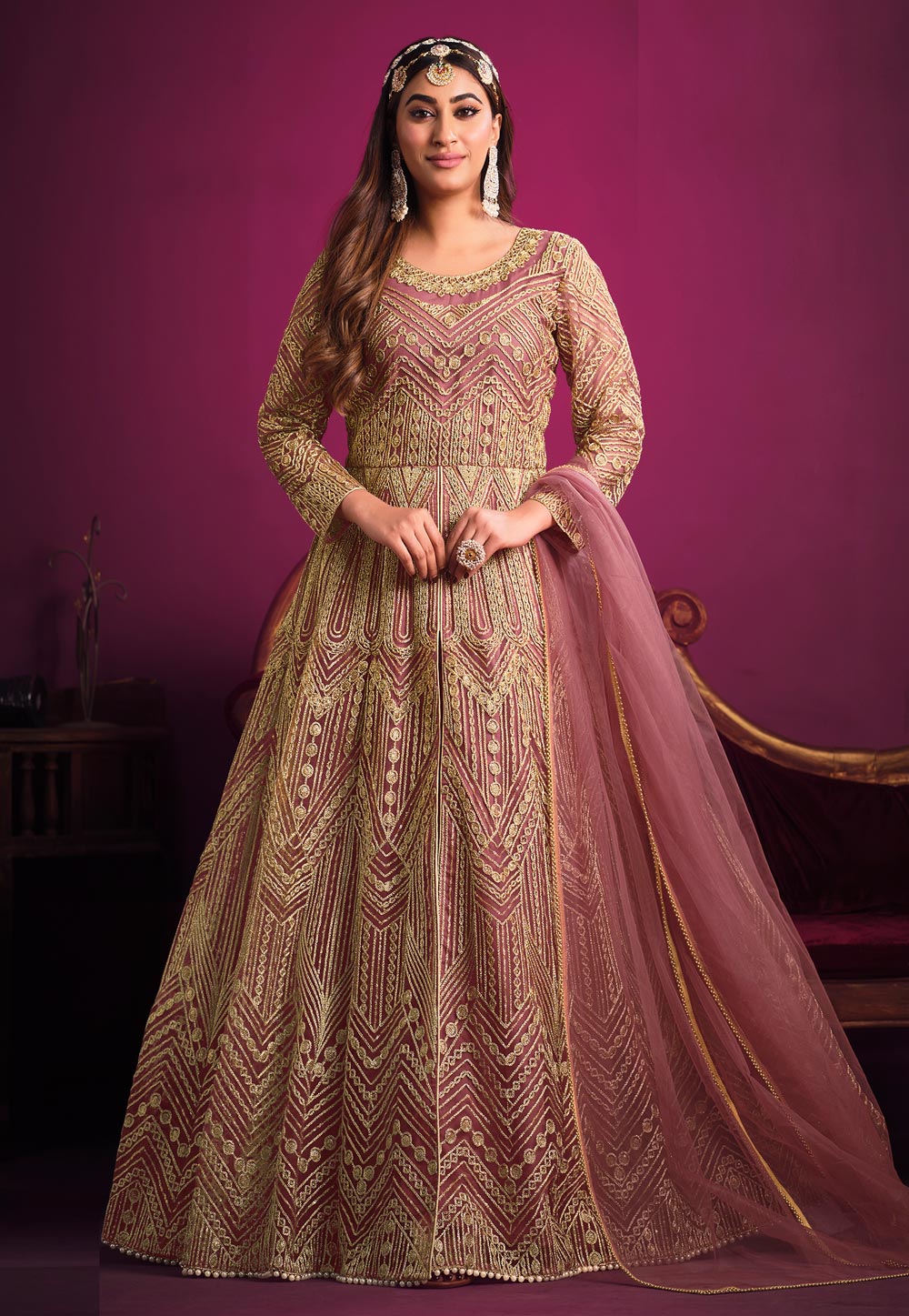Pink Net Embroidered Long Anarkali Suit 261141