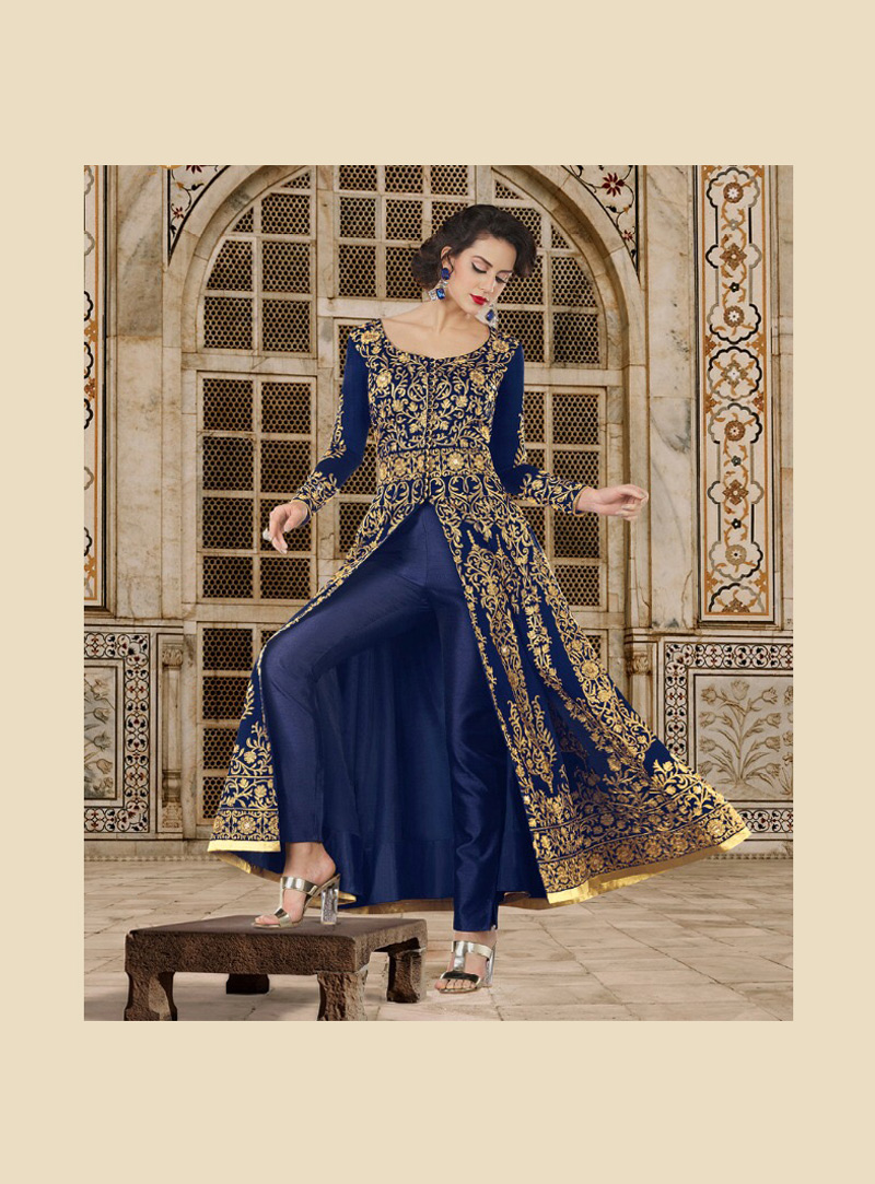 Navy Blue Banglori Silk Pant Style Suit 129265
