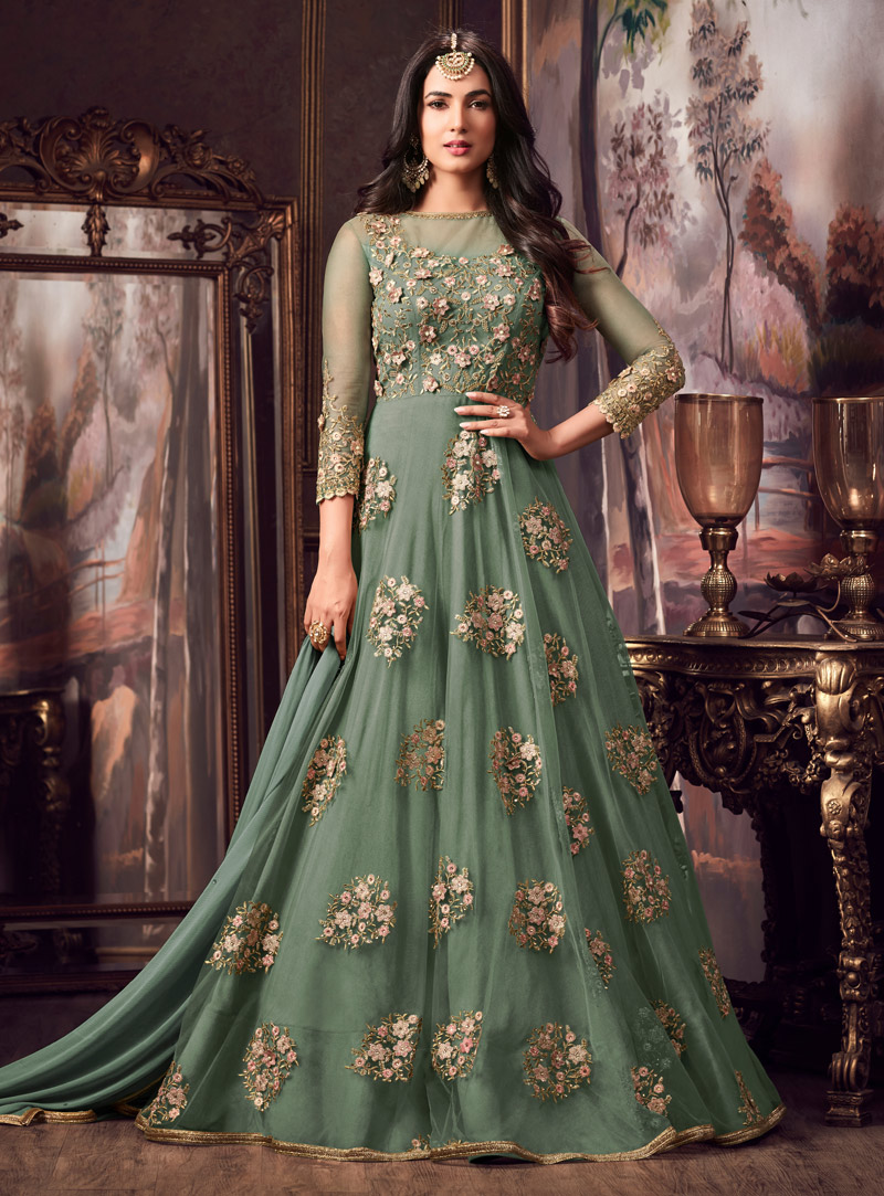 Sonal Chauhan Olive Green Net Long Anarkali Suit 131342