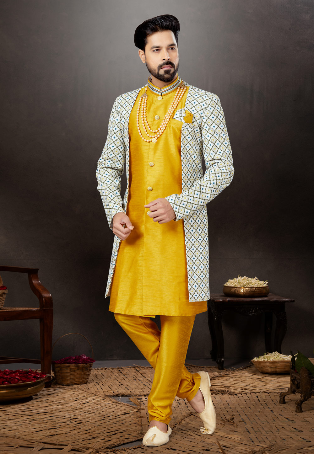 Yellow Silk Indo Western Suit 259298
