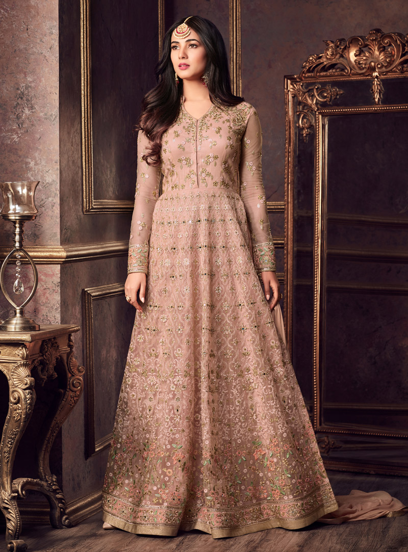 Sonal Chauhan Peach Net Pant Style Suit 130039