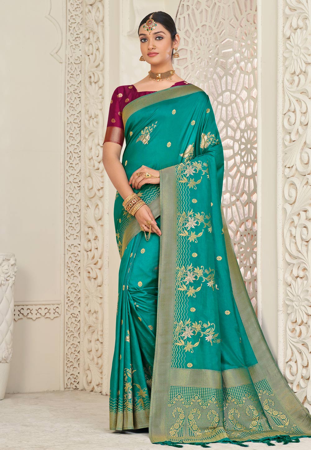 Turquoise Silk Saree With Blouse 263142
