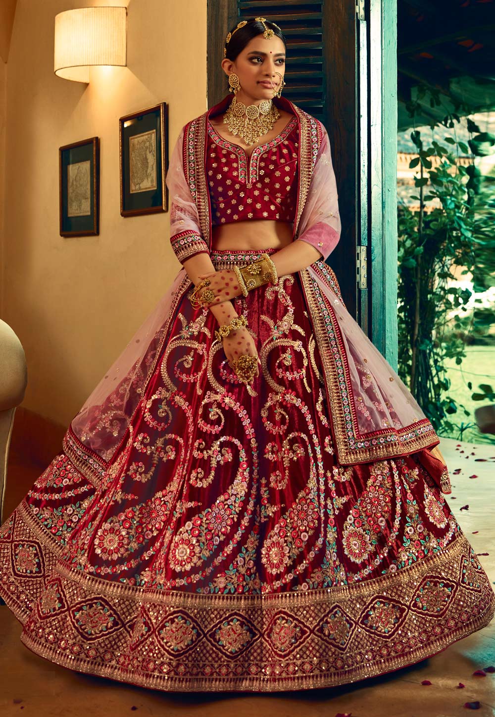 Deep Red and Pink Bridal Lehenga for Pakistani, Indian Brides