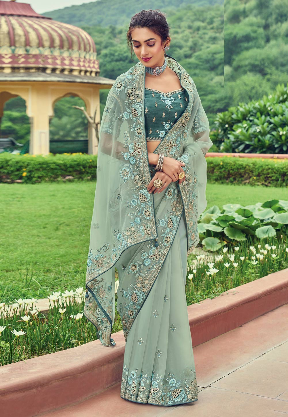 Sea Green Organza Saree With Blouse 258258