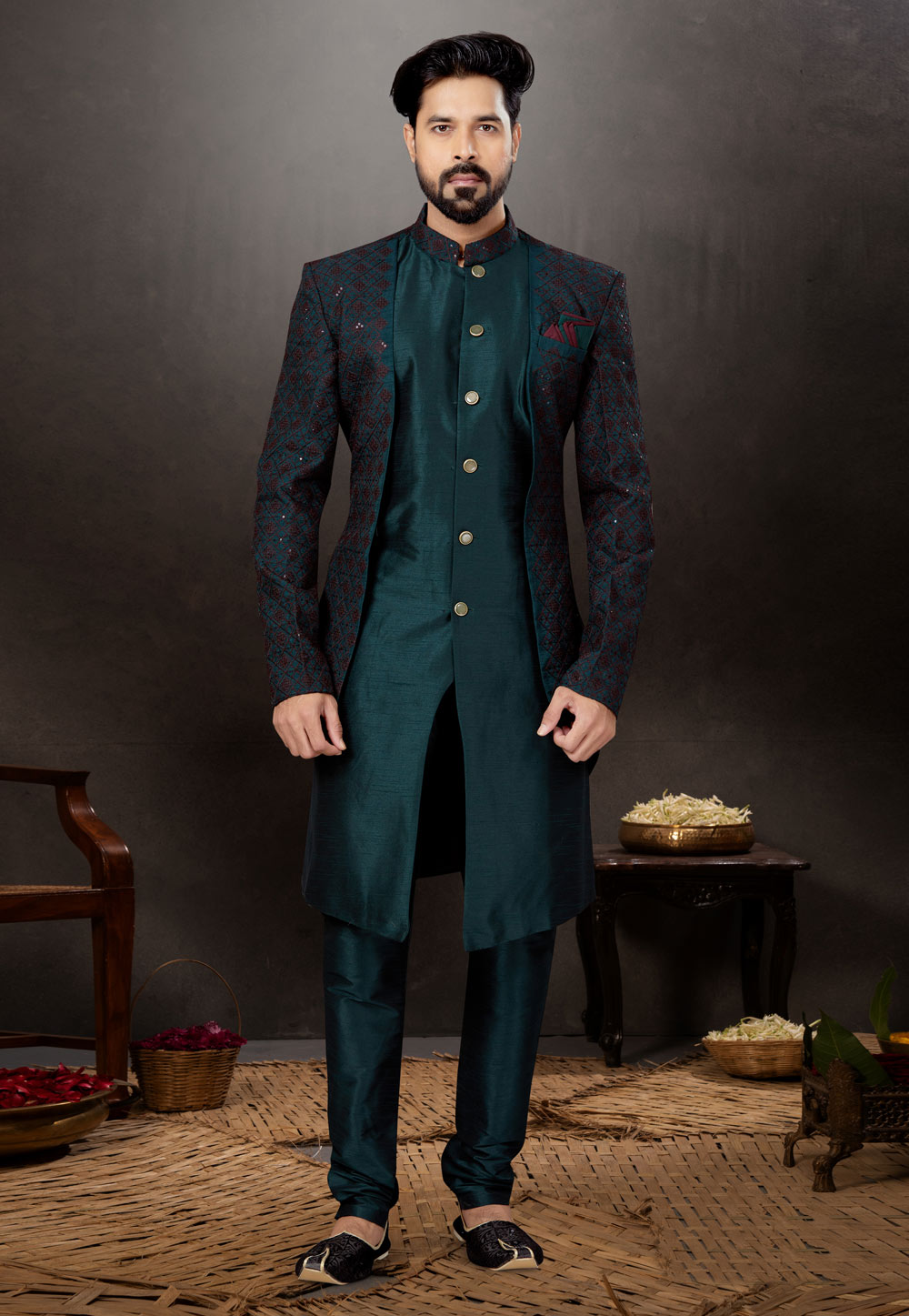 Teal Silk Indo Western Suit 259302