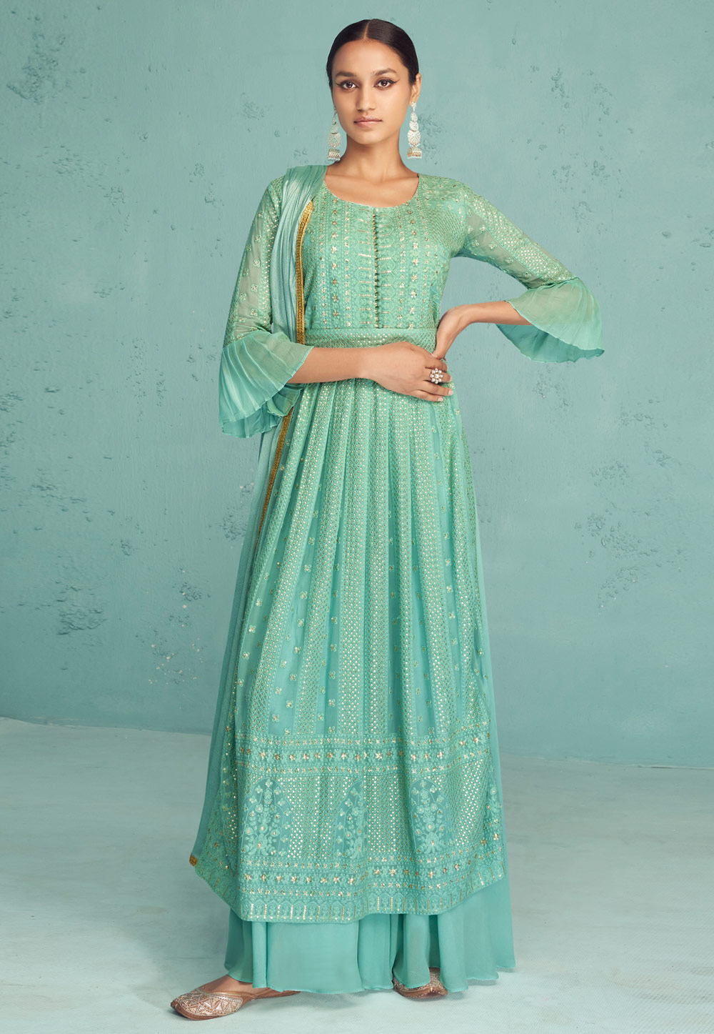 Sea Green Georgette Embroidered Palazzo Suit 252371