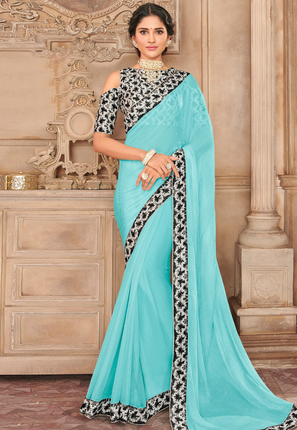 Aqua Chiffon Saree With Blouse 162543