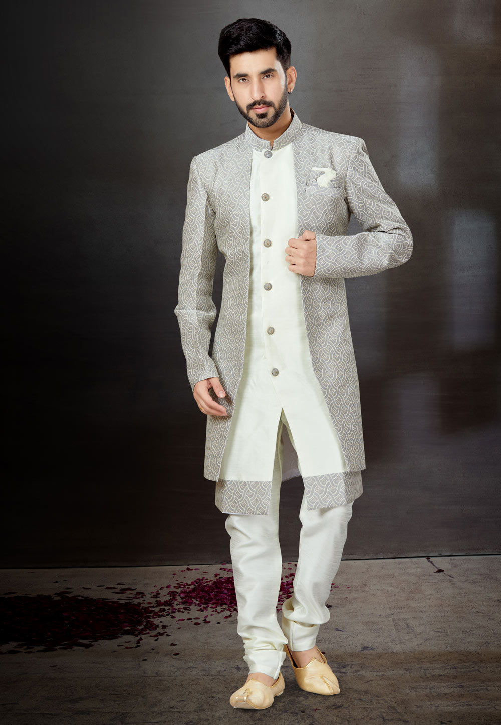 Off White Silk Indo Western Suit 259309