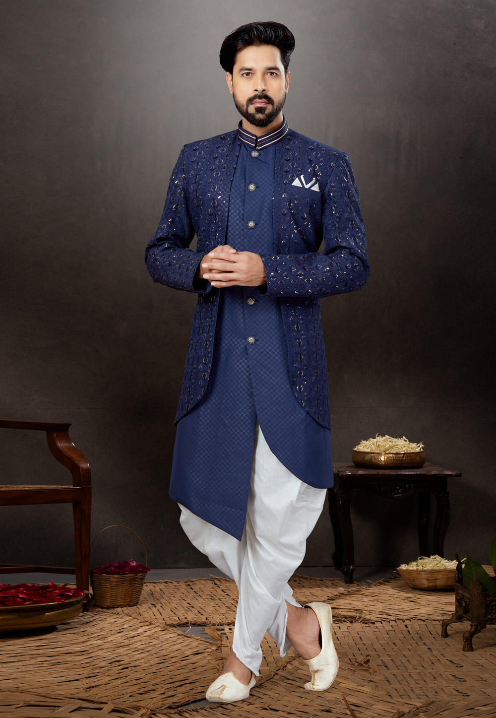 Blue Silk Indo Western Suit 259314