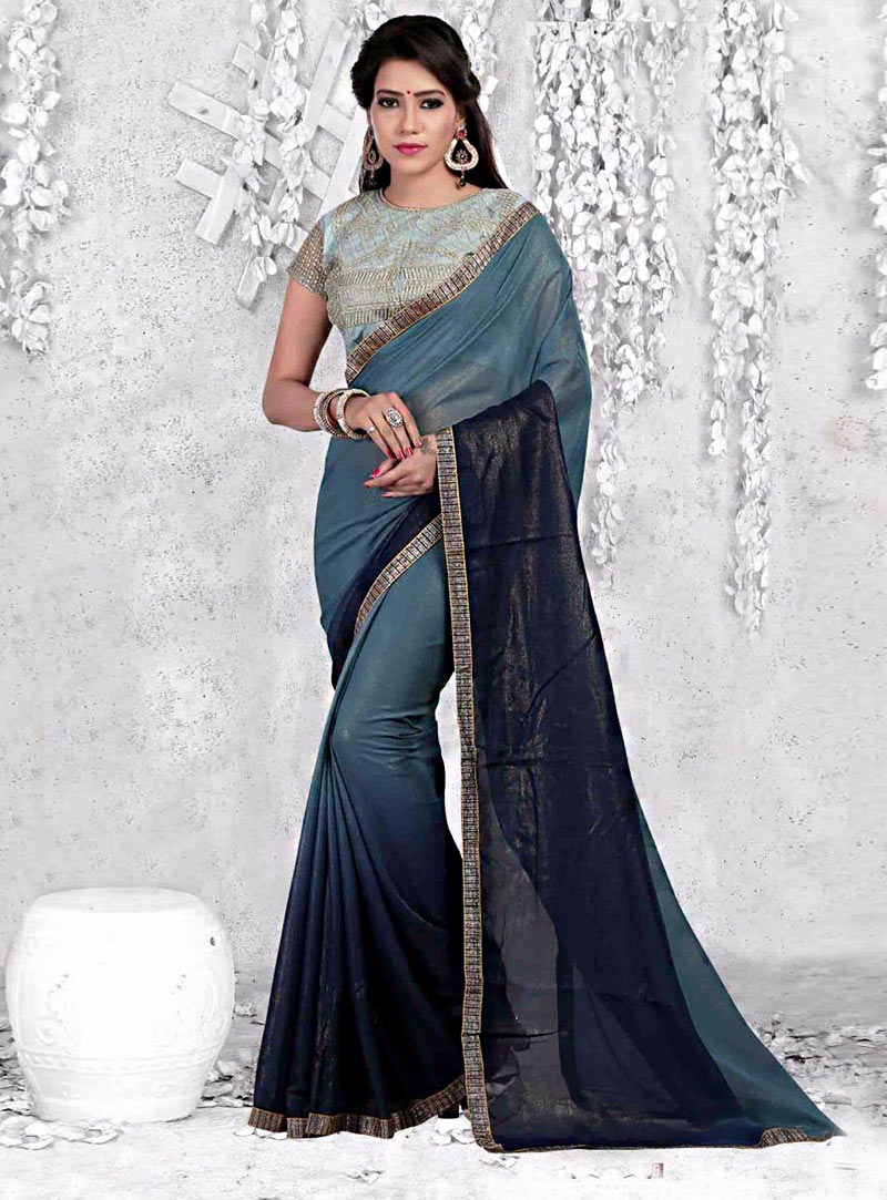 Navy Blue Georgette Saree With Heavy Blouse 84681