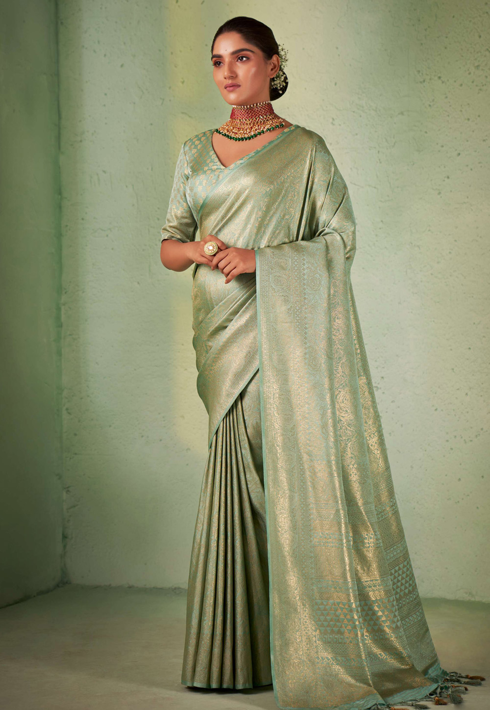 Sea Green Kanjivaram Silk Saree With Blouse 256954