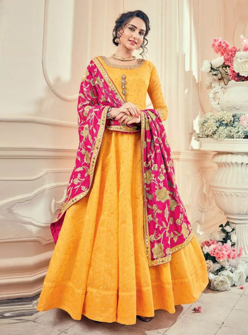 Yellow Silk Long Anarkali Suit 140506