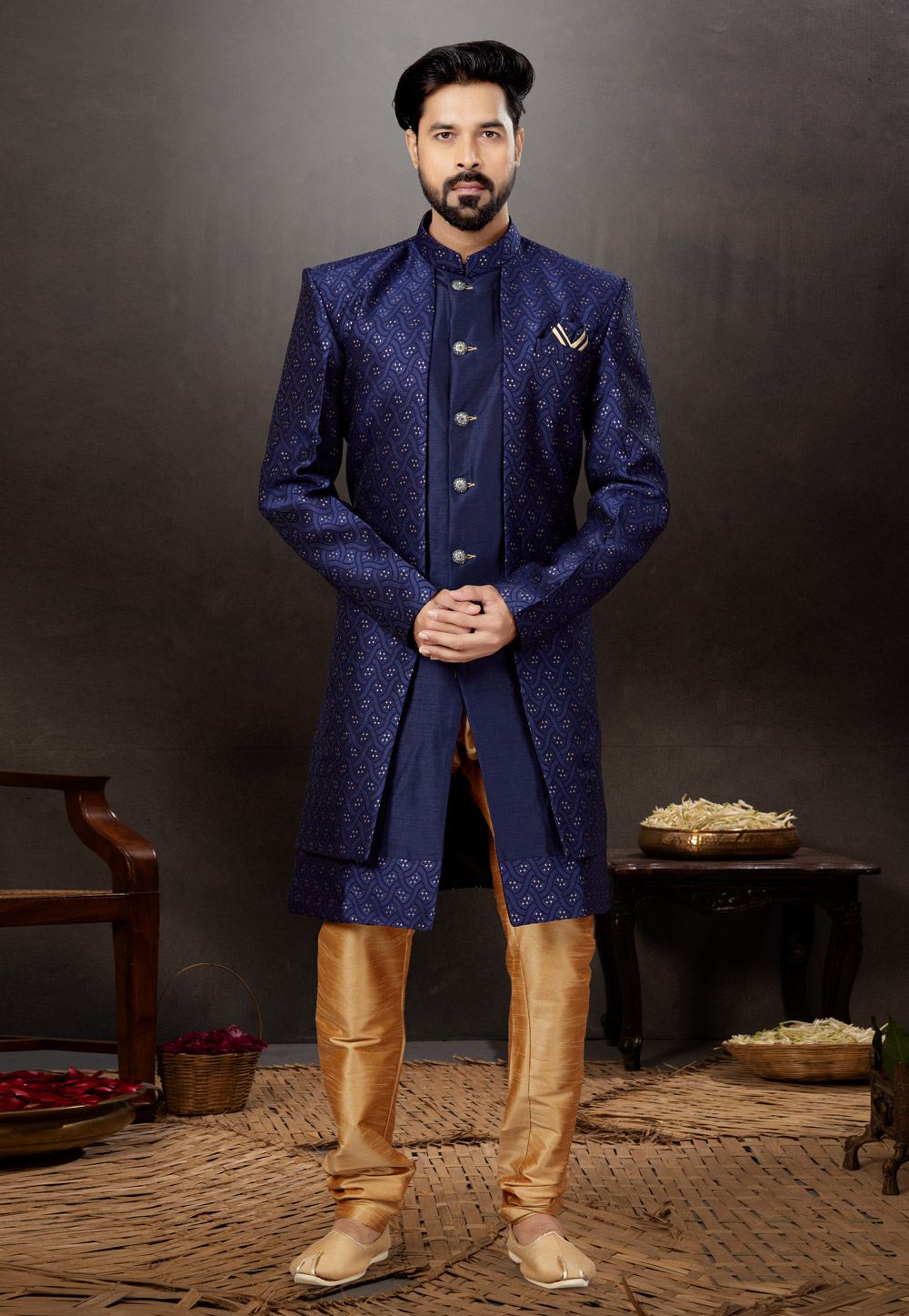 Navy Blue Silk Indo Western Suit 259320