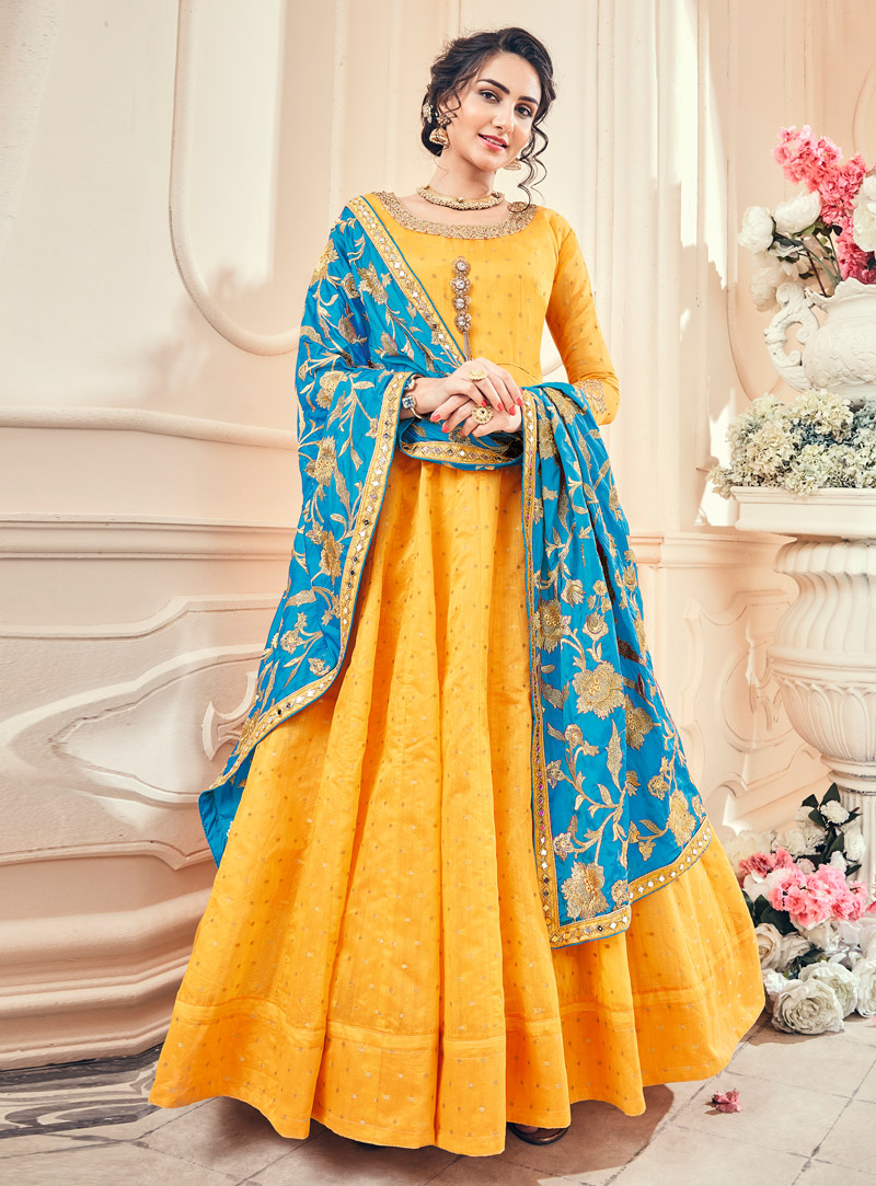 Yellow Silk Ankle Length Anarkali Suit 126054