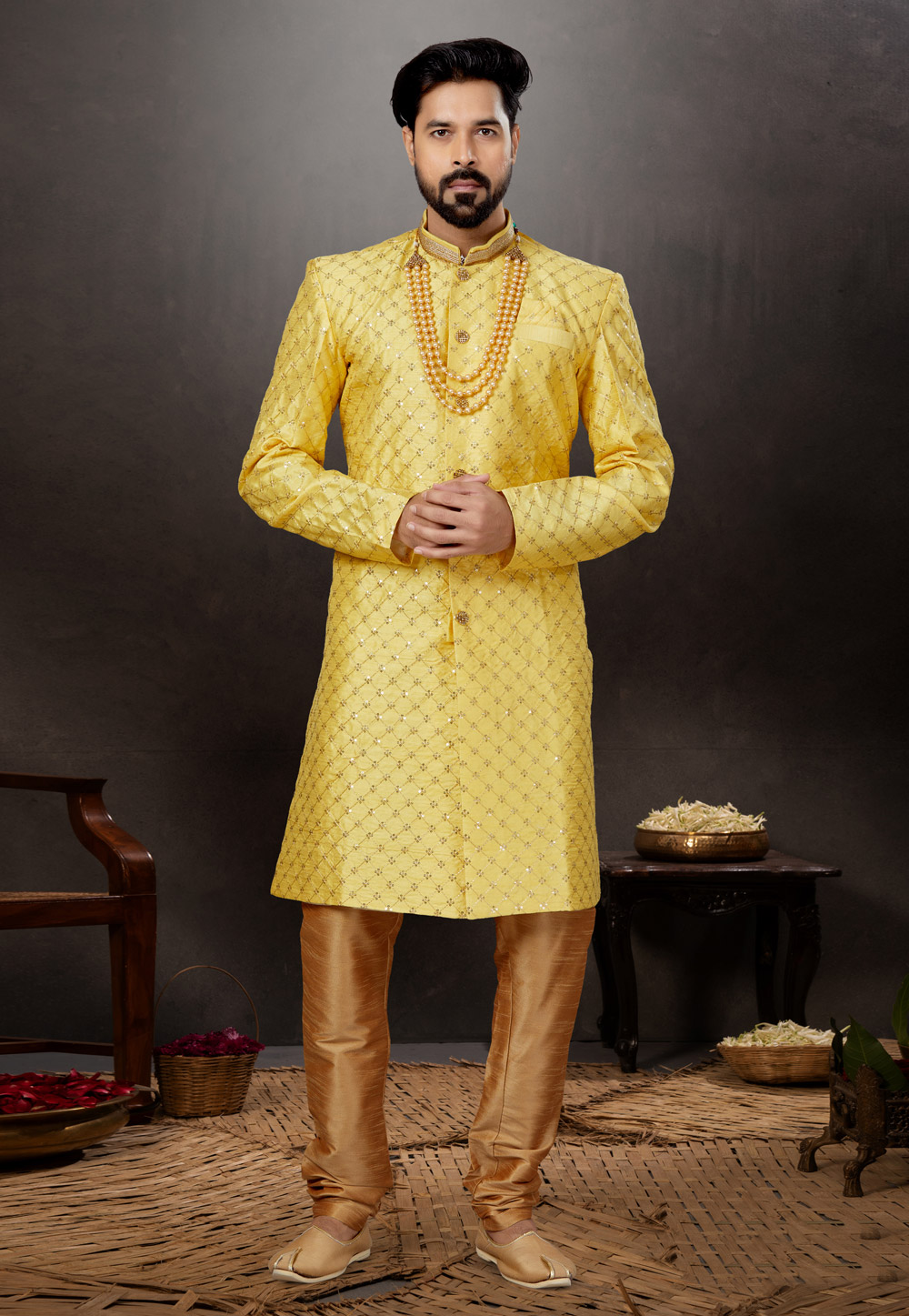 Yellow Jacquard Indo Western Suit 259322