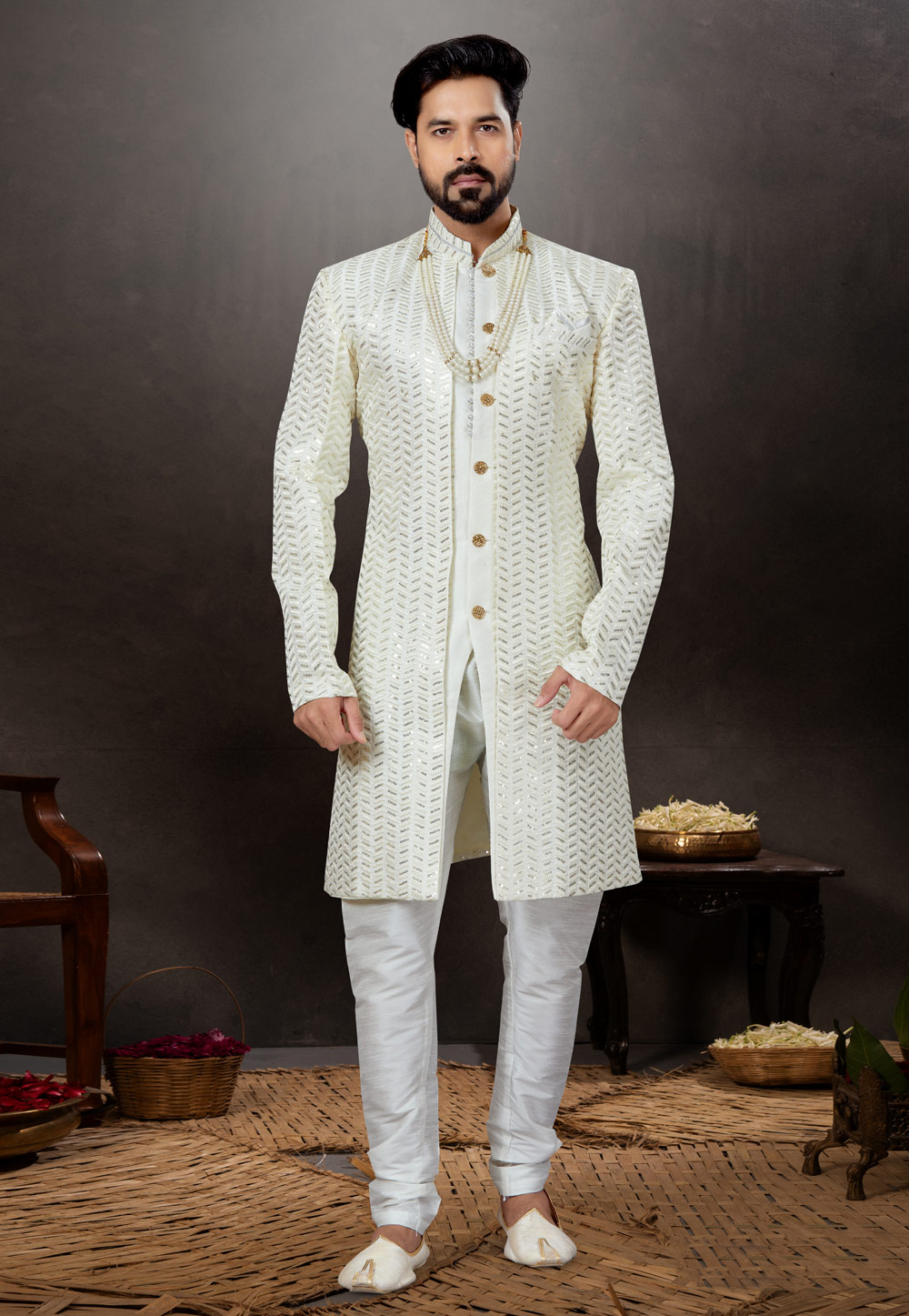 Off White Jacquard Indo Western Suit 259328