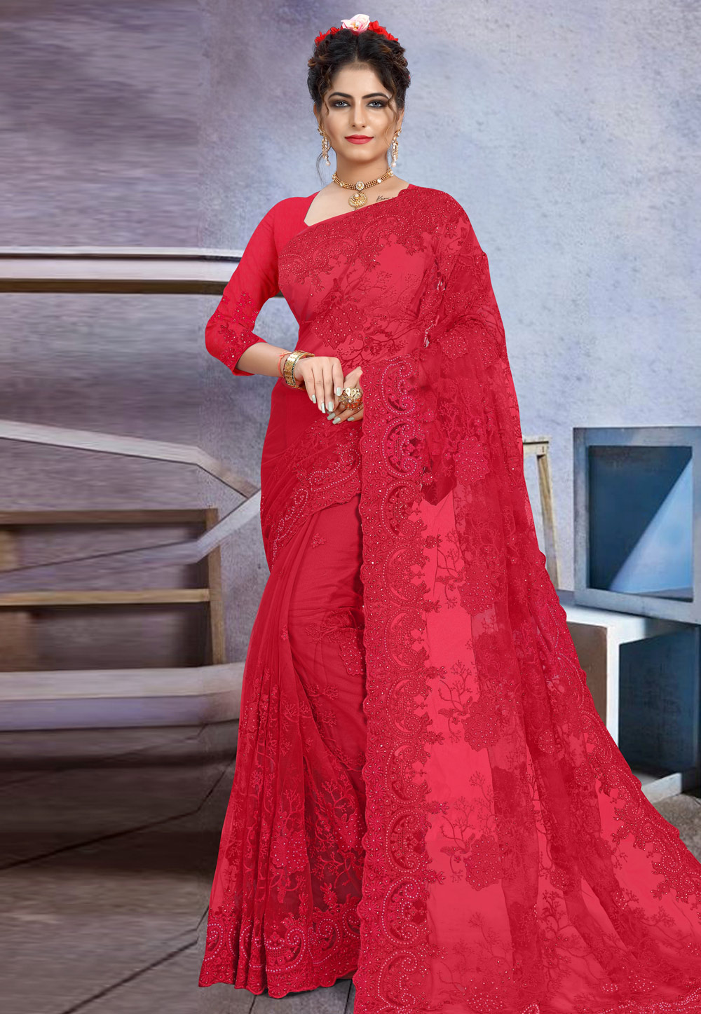 Red Net Festival Wear Saree 205168
