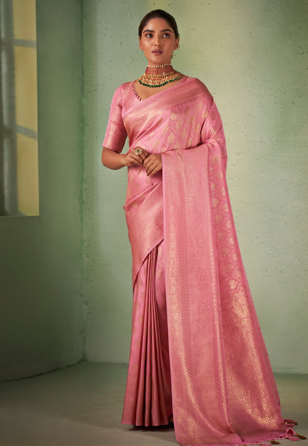 Pink Kanjivaram Silk Saree With Blouse 256958