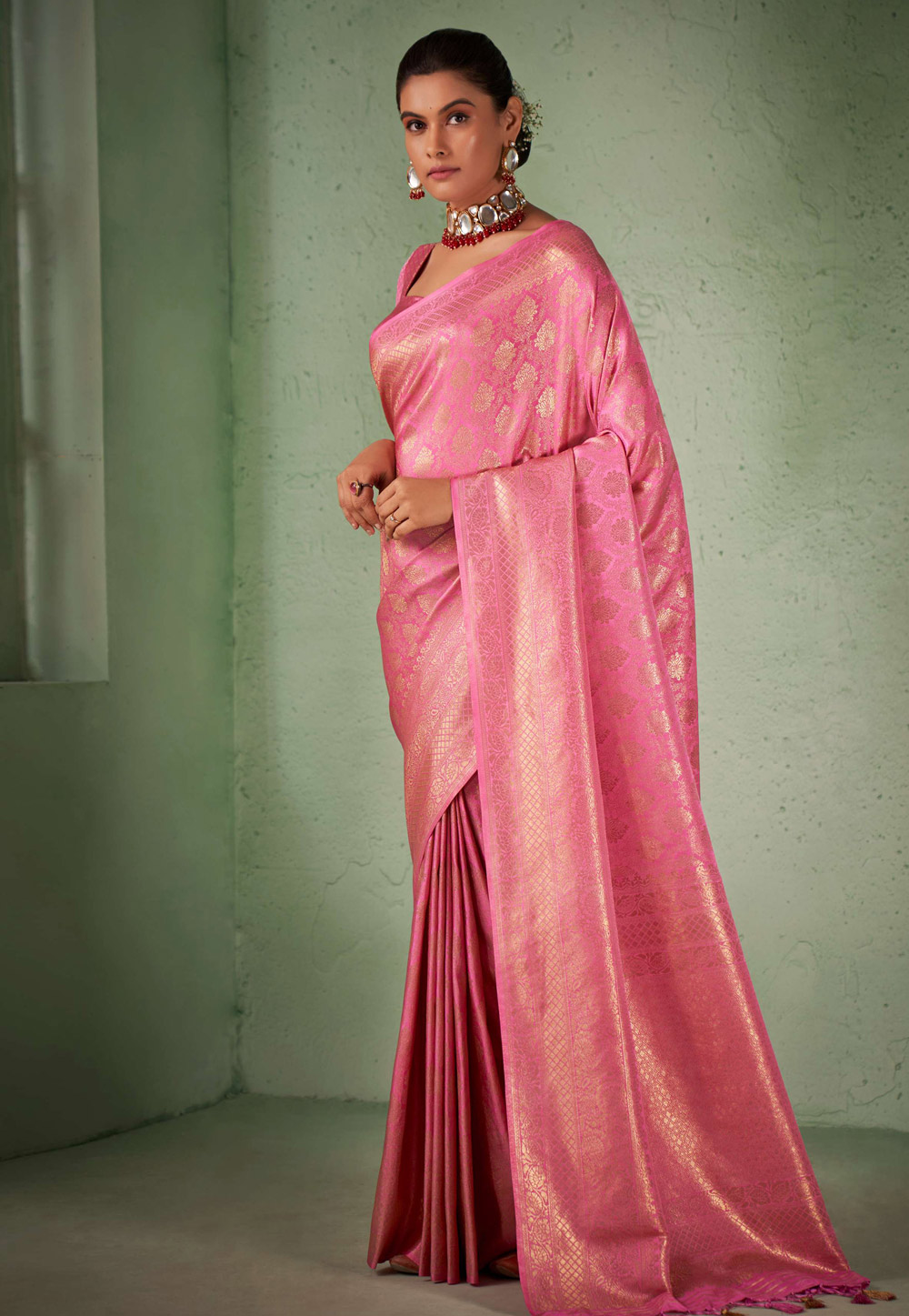 Pink Kanjivaram Silk Saree With Blouse 256959