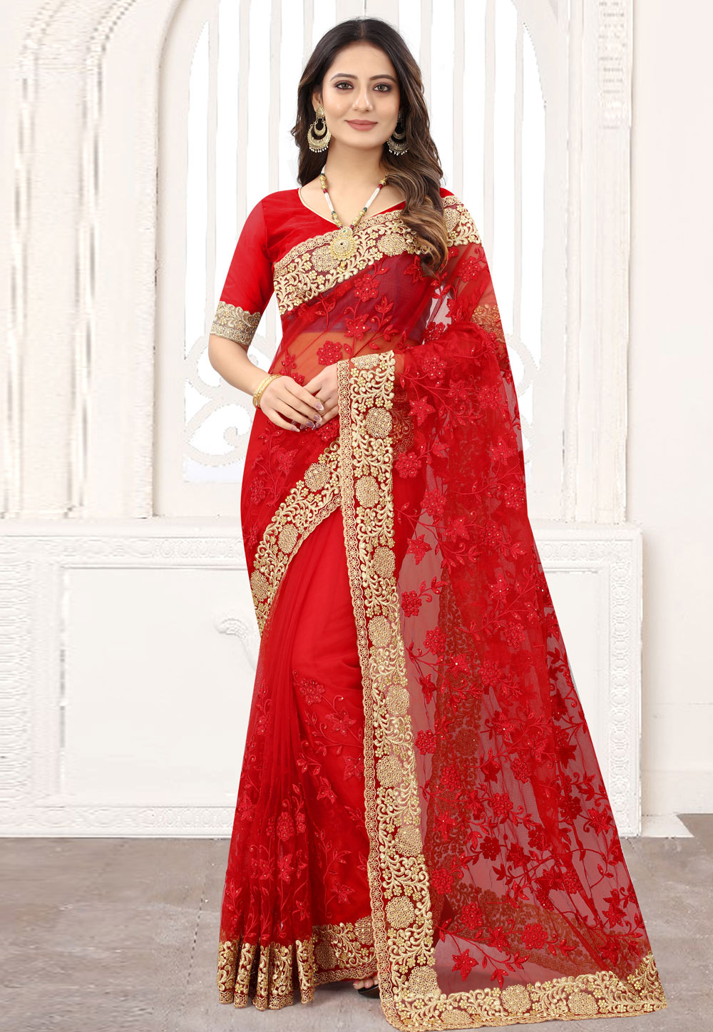 Red Net Festival Wear Saree 239155