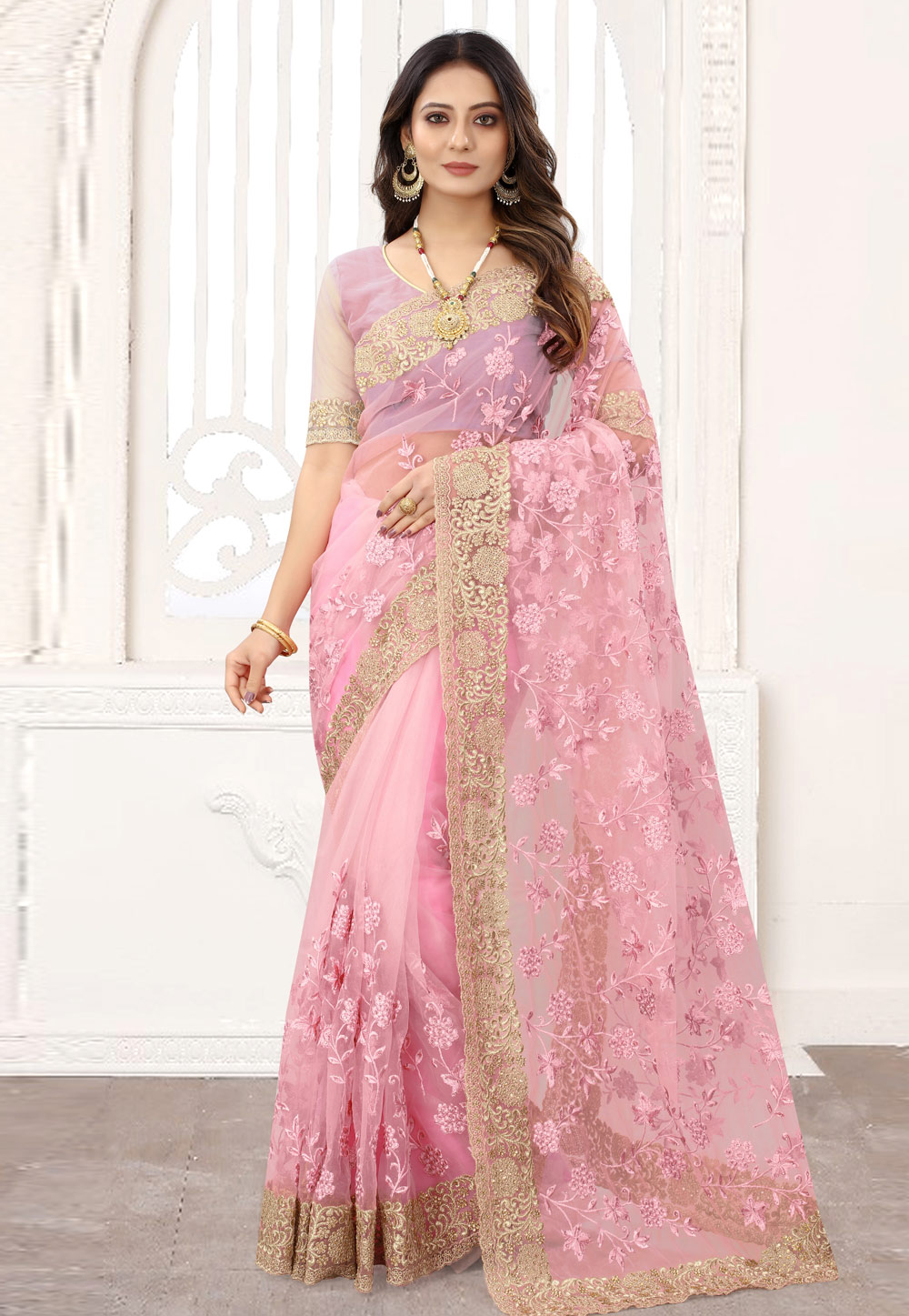 Pink Net Saree With Blouse 239160