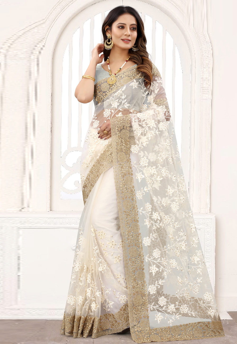 Off White Net Saree With Blouse 239162