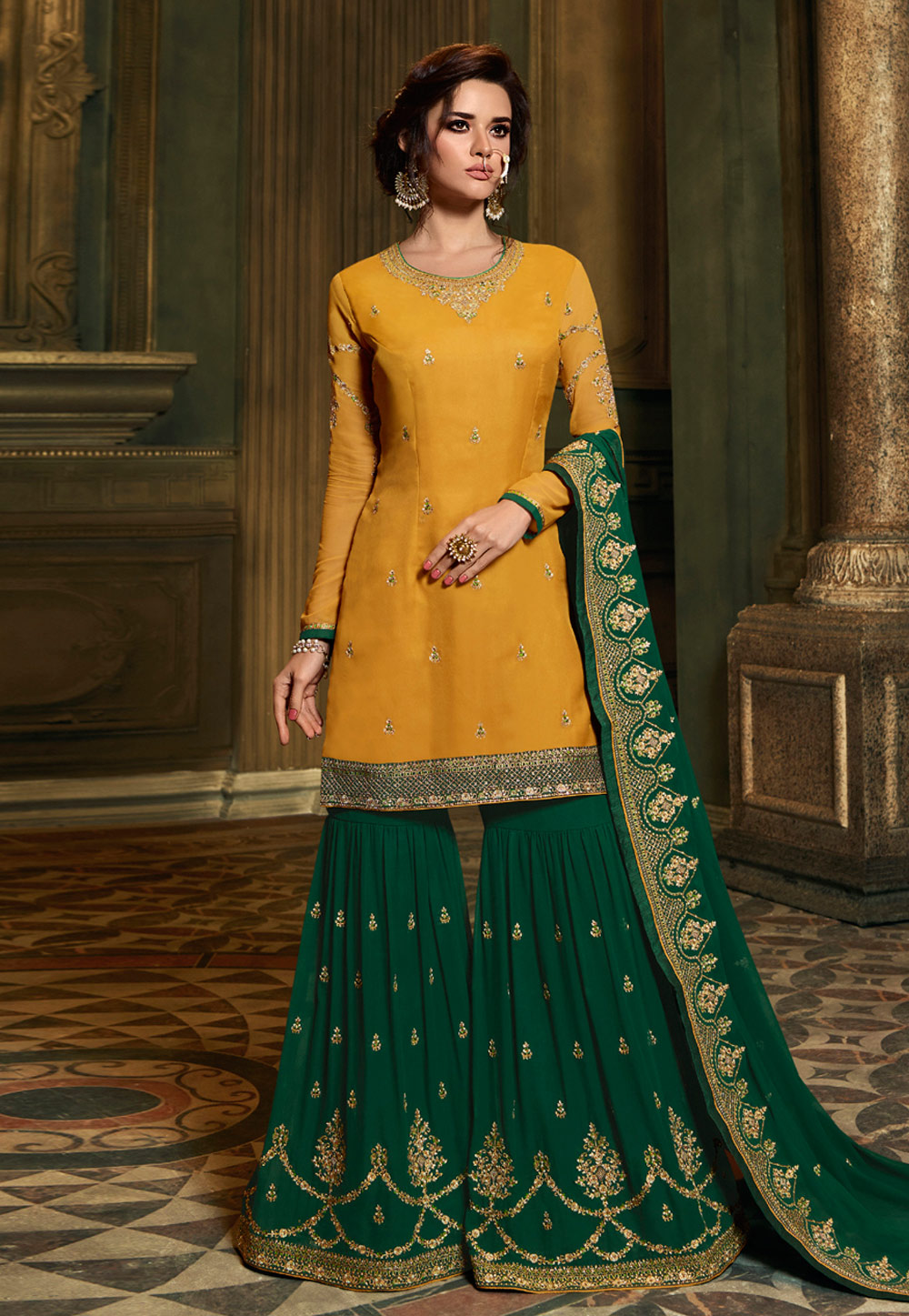 Yellow Satin Sharara Suit 164528