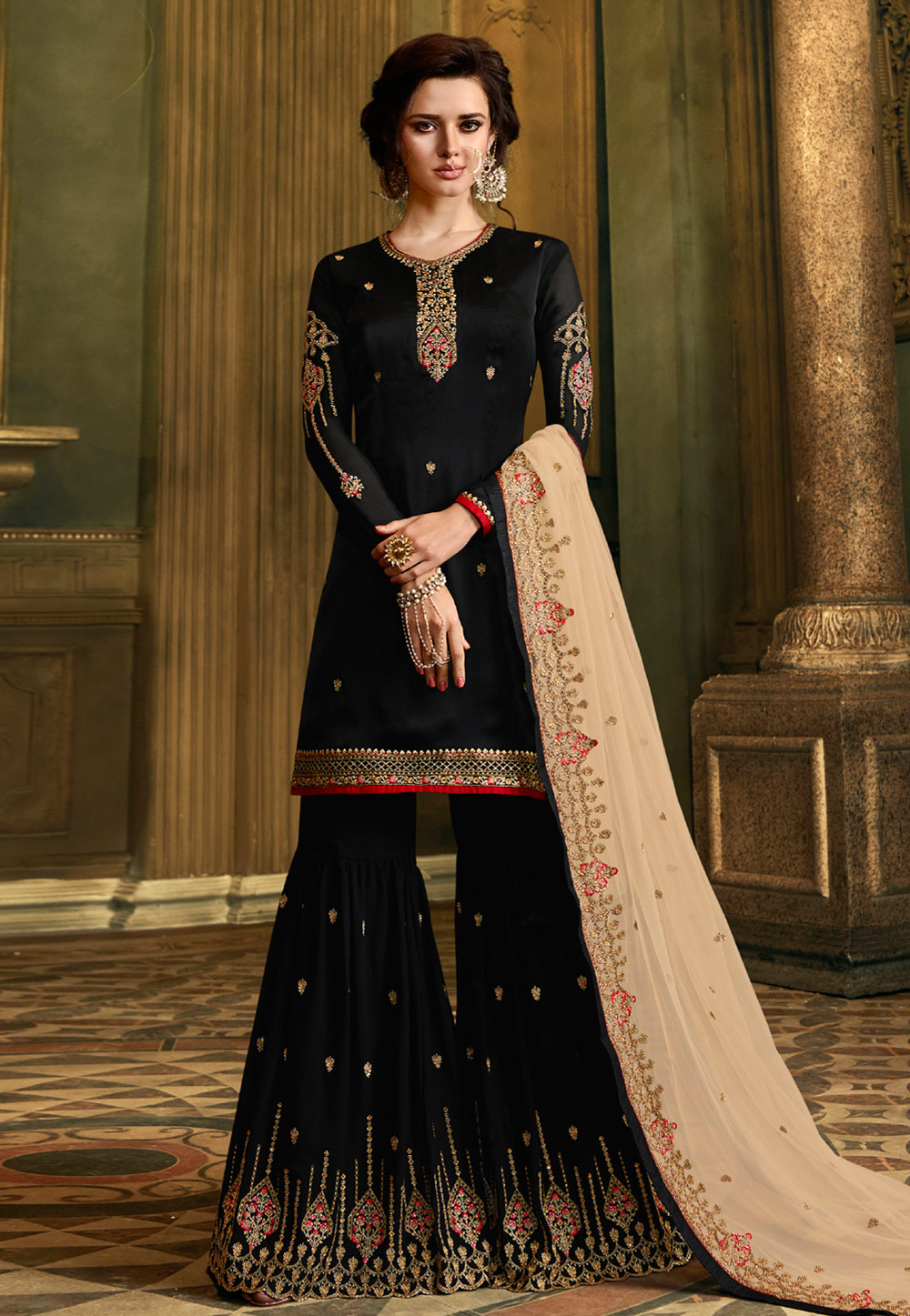Black Satin Embroidered Sharara Suit 164530