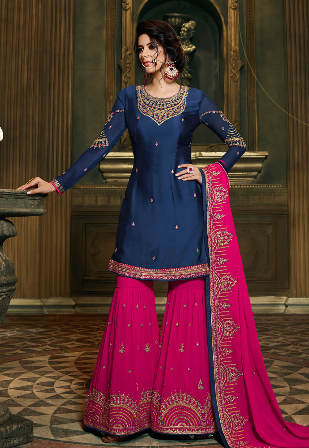 Navy Blue Embroidered Satin Sharara Suit 164532