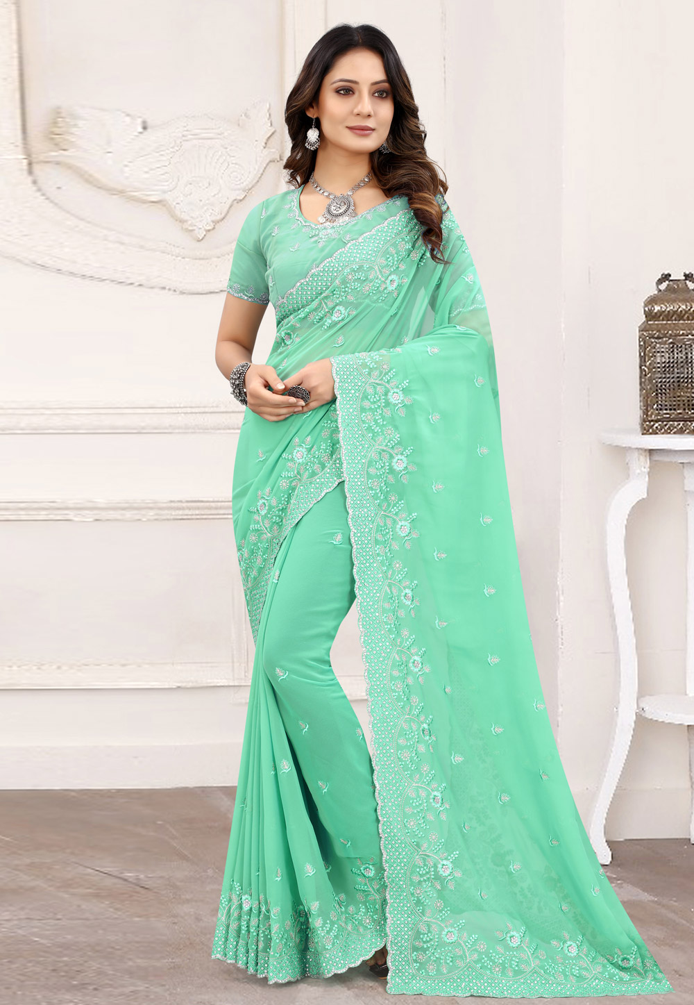 Light Green Georgette Saree With Blouse 239237