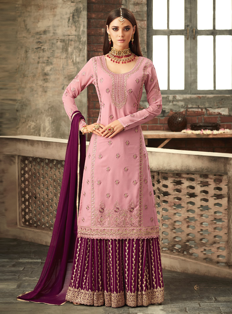 Pink Georgette Palazzo Style Suit 148948