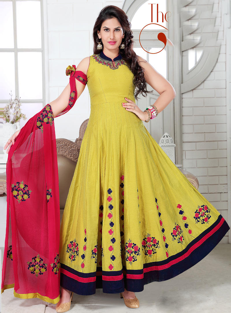 Yellow Chanderi Readymade Long Anarkali Suit 116998