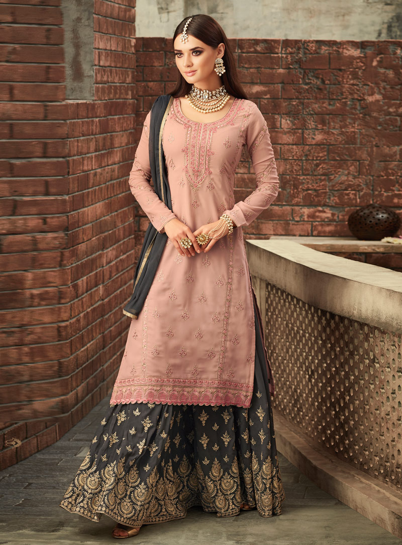 Peach Georgette Palazzo Style Suit 148950