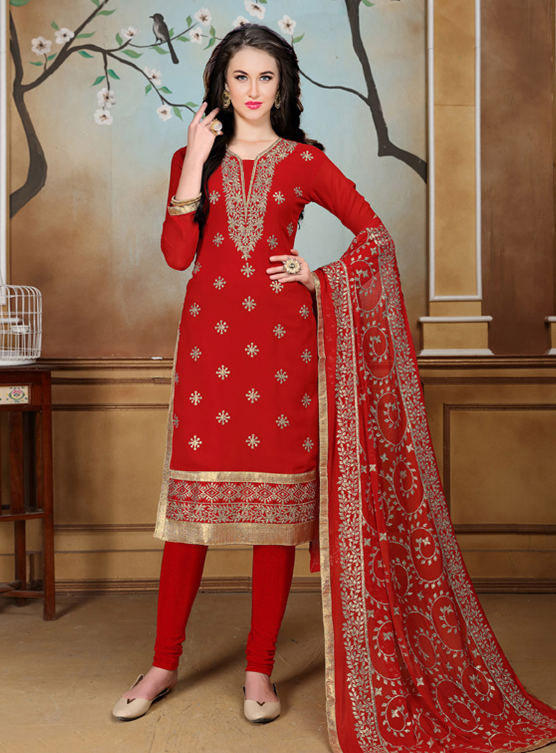 Red Faux Georgette Kameez With Churidar 137090